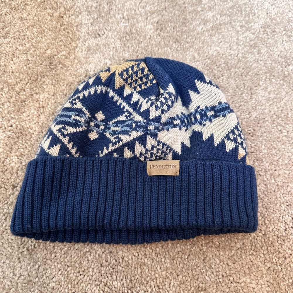 Pendleton Merino Wool Beanie Navy Blue Geometric Knit Hat Unisex one size